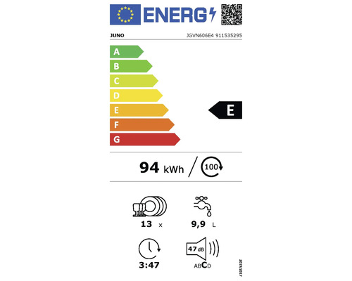 Juno Energieeffizienzlabel mit der Klasse E, Stromverbrauch 94 Kilowattstunden pro 100 Spülgänge, 13 Maßgedecke, Wasserverbrauch 9,9 Liter, Geräuschpegel 47 Dezibel, Programmdauer 3 Stunden 47 Minuten