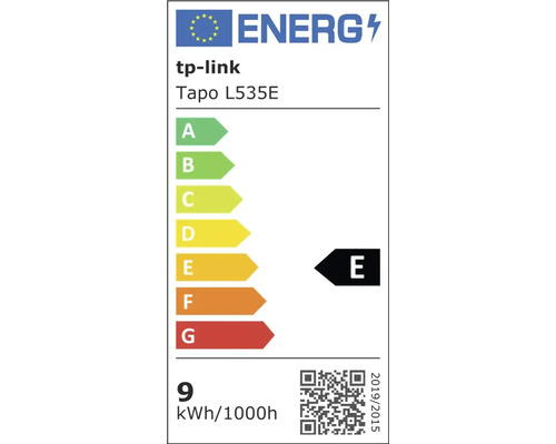 Energielabel der Lampe Tapo L535E von TP-Link mit der Energieeffizienzklasse E