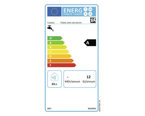 Energielabel für Vaillant MAG 144/1 G(H-DE/CH) mit Energieeffizienzklasse A, Geräuschentwicklung 63 Dezibel und Jahresverbrauch 12 Kilowattstunden