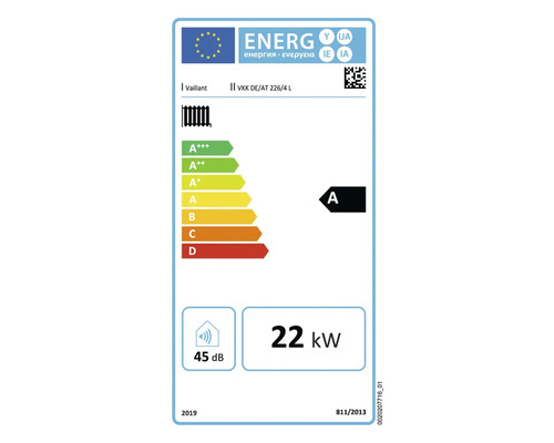 Vaillant Energielabel VKK DE/AT 226/4 L mit Energieeffizienzklasse A und 22 Kilowatt Leistung