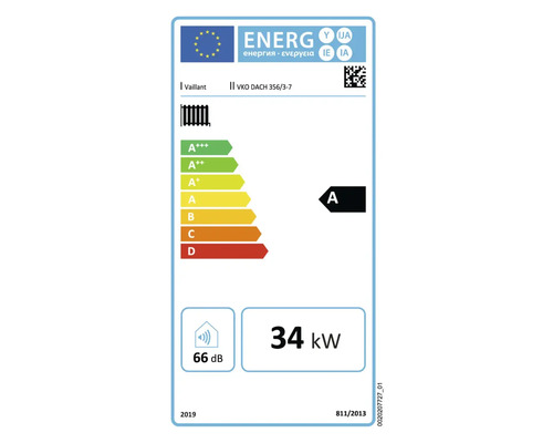 Vaillant VKO DACH 356/3-7 Energielabel mit Energieeffizienzklasse A, 34 Kilowatt Leistung und 66 Dezibel Lautstärke
