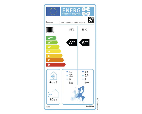Vaillant Energielabel für VWL 125/5 AS S2 + VWL 127/5 IS mit Energieeffizienzklasse A++