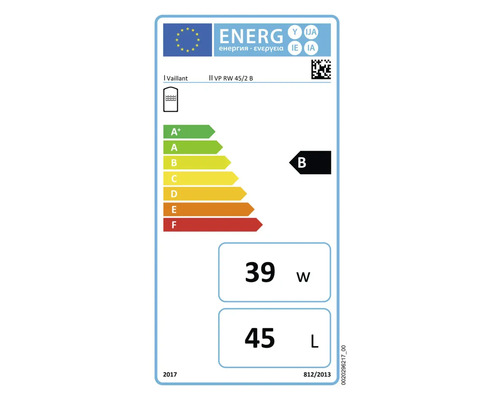 Vaillant Energielabel VP RW 45/2 B, Energieeffizienzklasse B, 39 Watt, 45 Liter