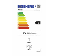 Amica Energielabel mit Energieeffizienzklasse E, jährlichem Energieverbrauch von 92 Kilowattstunden, Fassungsvermögen von 135 Litern und Geräuschemissionen von 35 Dezibel