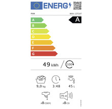 Energielabel mit Energieeffizienzklasse A, Energieverbrauch 49 Kilowattstunden pro 100 Waschzyklen, 9 Kilogramm Fassungsvermögen, Programmdauer 3 Stunden 48 Minuten, Wasserverbrauch 45 Liter, Geräuschemission 76 Dezibel