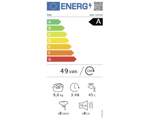 Energielabel mit Energieeffizienzklasse A, Energieverbrauch 49 Kilowattstunden pro 100 Waschzyklen, 9 Kilogramm Fassungsvermögen, Programmdauer 3 Stunden 48 Minuten, Wasserverbrauch 45 Liter, Geräuschemission 76 Dezibel