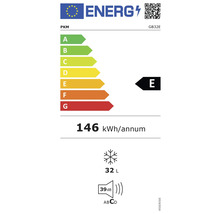 Energielabel PKM, Energieeffizienzklasse E, Stromverbrauch 146 Kilowattstunden pro Jahr, Gefrierfachvolumen 32 Liter, Geräuschentwicklung 39 Dezibel