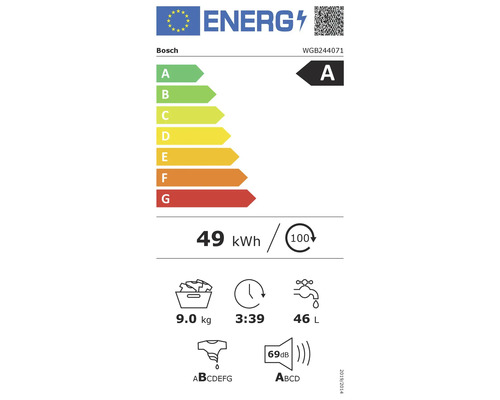 Bosch Energielabel A Waschmaschine, 49 Kilowattstunden pro 100 Waschzyklen, 9 Kilogramm Kapazität, 3 Stunden 39 Minuten Programmdauer, 46 Liter Wasserverbrauch, 69 Dezibel Geräuschemission