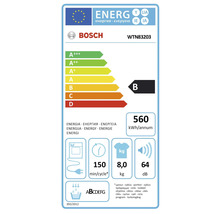 Bosch Energielabel WTN83203 mit Energieeffizienzklasse B, Energieverbrauch 560 kWh pro Jahr, 150 Minuten pro Waschzyklus, 8 Kilogramm Kapazität und 64 Dezibel Lautstärke.