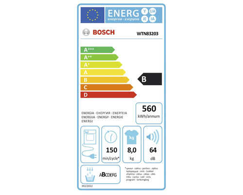 Bosch Energielabel WTN83203 mit Energieeffizienzklasse B, Energieverbrauch 560 kWh pro Jahr, 150 Minuten pro Waschzyklus, 8 Kilogramm Kapazität und 64 Dezibel Lautstärke.