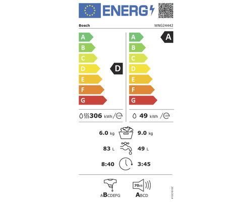 Bosch Energielabel mit Energieeffizienzklasse A, Energieverbrauch 306 kWh pro 100 Zyklen, Wasserverbrauch 83 Liter pro Waschzyklus, Waschdauer 3 Stunden 45 Minuten, Schleudereffizienzklasse A und Geräuschemission 70 Dezibel.