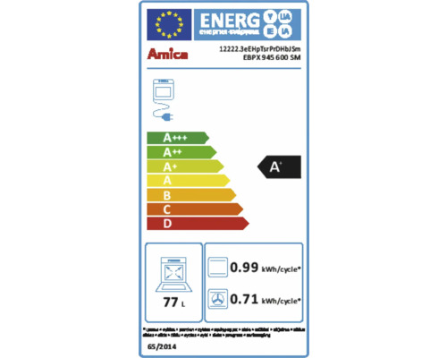 Amica Energieeffizienzlabel mit der Klasse A+, einem Energieverbrauch von 0.99 Kilowattstunden pro Zyklus und einem Volumen von 77 Litern.
