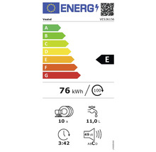 Vernel Energieetikett mit der Kennzeichnung E, Stromverbrauch 76 kWh pro 100 Spülgängen