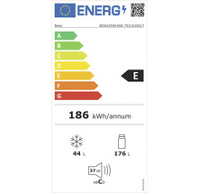 Beko Energieetikett mit der Energieeffizienzklasse E, einem jährlichen Energieverbrauch von 186 Kilowattstunden, einem Gefriervolumen von 44 Litern, einem Kühlvolumen von 176 Litern und einer Geräuschemission von 37 Dezibel