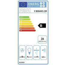 Energielabel für PKM UBH6002-2H mit Energieeffizienzklasse B, 28 Kilowattstunden pro Jahr und 62 Dezibel Geräuschemission.
