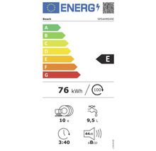 Bosch Geschirrspüler Energielabel mit der Energieeffizienzklasse E, 76 kWh pro 100 Spülgänge, 10 Maßgedecke, 9,5 Liter Wasserverbrauch, 3 Stunden 40 Minuten Programmdauer und 44 Dezibel Lautstärke