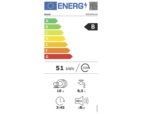 Bosch SPS6YMI14E Energielabel B, Energieverbrauch 51 Kilowattstunden pro 100 Spülgänge, Wasserverbrauch 8,5 Liter, Geräuschpegel 43 Dezibel, Programmdauer 3 Stunden 45 Minuten