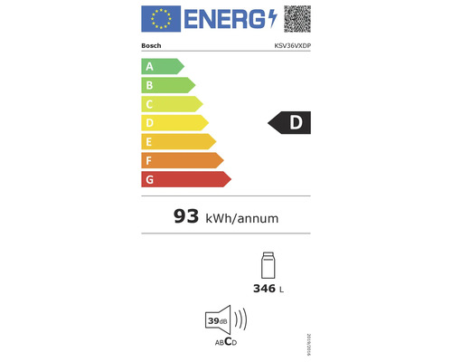 Bosch Energieetikett mit der Energieeffizienzklasse D, einem jährlichen Energieverbrauch von 93 Kilowattstunden, einem Nutzinhalt von 346 Litern und einer Geräuschentwicklung von 39 Dezibel.