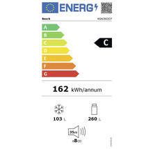 Bosch Energielabel mit Energieeffizienzklasse C, jährlichem Energieverbrauch von 162 Kilowattstunden, Gefrierfachvolumen von 103 Litern und Kühlfachvolumen von 260 Litern