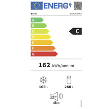 Bosch Energielabel mit Energieeffizienzklasse C, einem jährlichen Energieverbrauch von 162 Kilowattstunden, einem Gefrierfachvolumen von 103 Litern, einem Kühlfachvolumen von 260 Litern und einer Geräuschemission von 35 Dezibel