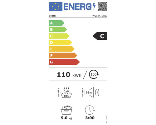 Bosch Energielabel Waschmaschine mit Energieeffizienzklasse C, Energieverbrauch 110 kWh pro 100 Waschzyklen, Wasserverbrauch 88 %, Geräuschemission 63 dB und 3 Stunden Programmdauer.