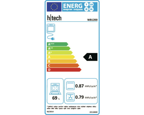 Energielabel für einen H-Tech Backofen mit der Energieeffizienzklasse A.