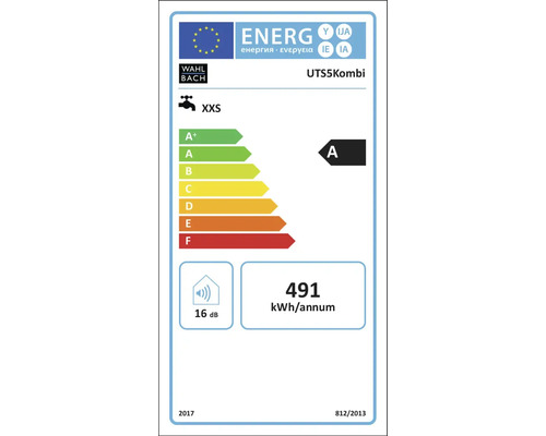 Energielabel für Armatur mit Energieeffizienzklasse A, 491 kWh pro Jahr und 16 Dezibel