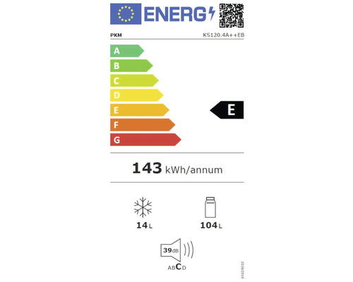 PKM Energielabel mit Energieeffizienzklasse E, einem jährlichen Energieverbrauch von 143 kWh, 14 Liter Gefrierfachvolumen, 104 Liter Kühlfachvolumen und einem Geräuschpegel von 39 Dezibel