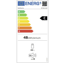 Energielabel mit der Energieeffizienzklasse C, einem jährlichen Energieverbrauch von 48 Kilowattstunden, einem Nutzinhalt von 42 Litern und einer Geräuschemission von 46 Dezibel
