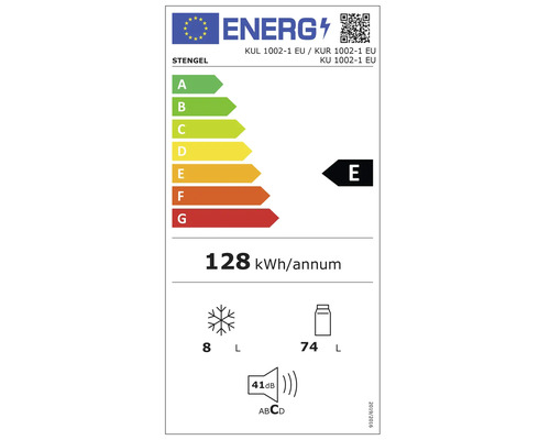 Energielabel Stengel KUL 1002-1: Klasse E, 128 Kilowattstunden pro Jahr, 74 Liter Kühlfach, 8 Liter Gefrierfach, 41 Dezibel Klasse C.