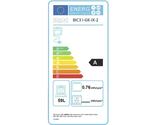 Energielabel für PKM BIC3 I-GK-IX-2 Backofen mit Energieeffizienzklasse A und einem Nutzinhalt von 59 Litern
