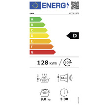 PKM Energielabel mit Energieeffizienzklasse D, Stromverbrauch 128 kWh, Schleudereffizienz 85 Prozent, Geräuschemission 64 Dezibel und Programmdauer 3 Stunden 30 Minuten