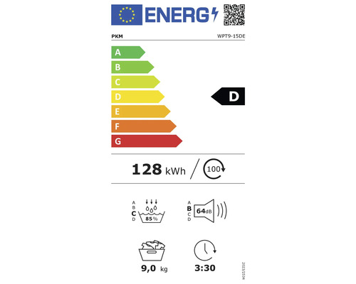 PKM Energielabel mit Energieeffizienzklasse D, Stromverbrauch 128 kWh, Schleudereffizienz 85 Prozent, Geräuschemission 64 Dezibel und Programmdauer 3 Stunden 30 Minuten
