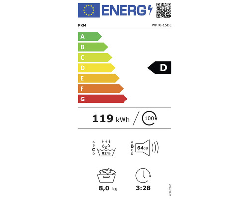 PKM Energielabel mit Energieeffizienzklasse D, Stromverbrauch 119 kWh, Schleudereffizienz 82 Prozent, Geräuschentwicklung 64 Dezibel und Programmdauer 3 Stunden 28 Minuten
