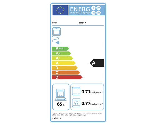 Energielabel für einen PKM EHS4IX Backofen mit der Energieeffizienzklasse A und einem Volumen von 65 Litern