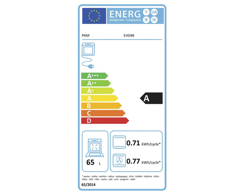 Energielabel für PKM EHS4B Backofen mit Energieeffizienzklasse A und einem Nutzvolumen von 65 Litern