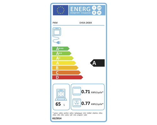 Energielabel für PKM EHS4-2KBIX Backofen mit der Energieeffizienzklasse A, einem Verbrauch von 0.71 kWh pro Zyklus im konventionellen Modus und 0.77 kWh pro Zyklus im Umluftmodus sowie einem Volumen von 65 Litern