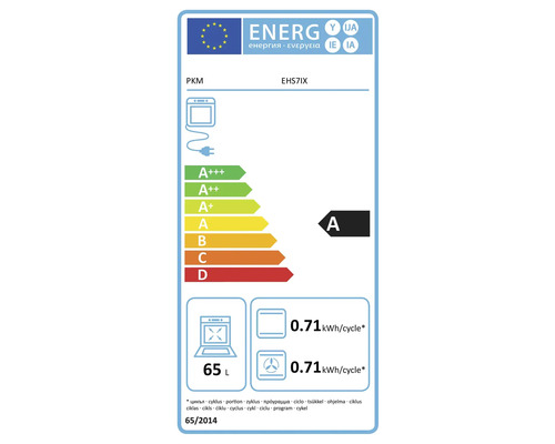 Energielabel für PKM EHS7IX Backofen mit Energieeffizienzklasse A, 65 Liter Volumen und 0,71 Kilowattstunden pro Zyklus