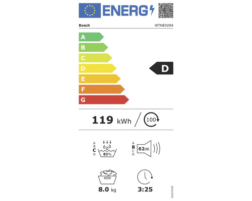 Bosch Energielabel mit Energieeffizienzklasse D, Energieverbrauch 119 kWh pro 100 Zyklen, Waschwirkung 83 Prozent, Geräuschentwicklung 62 Dezibel, Kapazität 8 Kilogramm, Programmdauer 3 Stunden 25 Minuten