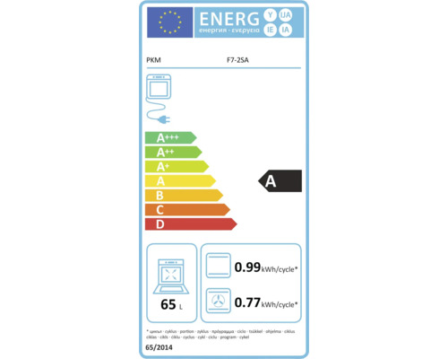 Energielabel für PKM F7-2SA Backofen, Energieeffizienzklasse A, 65 Liter Volumen