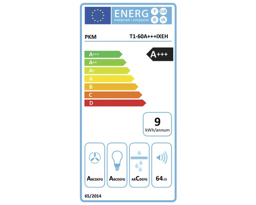 Energielabel PKM T1-60A+++IXEH mit Energieeffizienzklasse A+++, jährlichem Energieverbrauch von 9 Kilowattstunden und Geräuschemission von 64 Dezibel
