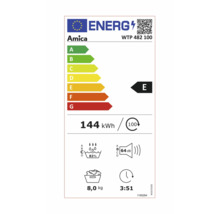 Amica Energielabel WTP 482 100 mit Energieeffizienzklasse E, Stromverbrauch 144 Kilowattstunden pro 100 Betriebszyklen, Wasserverbrauch 82 Prozent, Geräuschemission 64 Dezibel, Füllmenge 8,0 Kilogramm und Programmdauer 3 Stunden 51 Minuten
