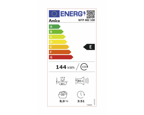 Amica Energielabel WTP 482 100 mit Energieeffizienzklasse E, Stromverbrauch 144 Kilowattstunden pro 100 Betriebszyklen, Wasserverbrauch 82 Prozent, Geräuschemission 64 Dezibel, Füllmenge 8,0 Kilogramm und Programmdauer 3 Stunden 51 Minuten