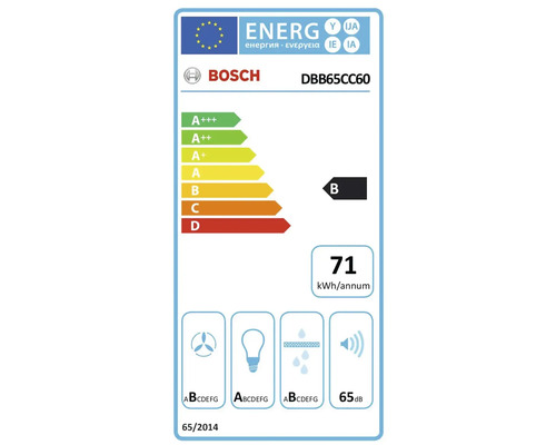 Bosch Logo, Energieeffizienzklasse B, Energieverbrauch 71 Kilowattstunden pro Jahr, Geräuschemission 65 Dezibel
