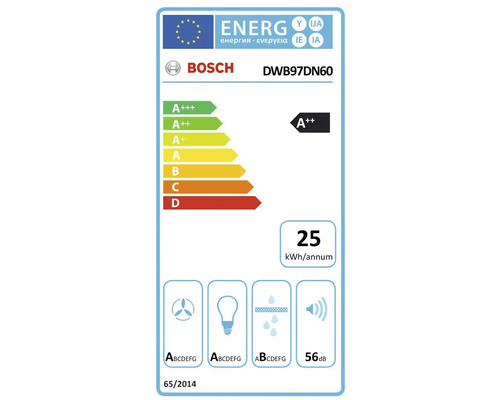 Bosch Logo, DWB97DN60, Energieeffizienzklasse A++, jährlicher Energieverbrauch 25 Kilowattstunden pro Jahr, Geräuschentwicklung 56 Dezibel.
