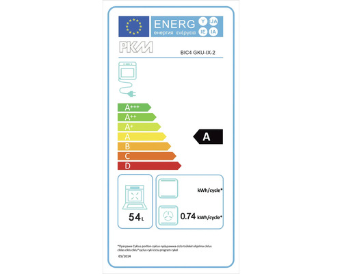 Energielabel für einen PKM BIC4 GKU-IX-2 Backofen mit der Energieeffizienzklasse A, einem Volumen von 54 Litern und einem Energieverbrauch von 0,74 Kilowattstunden pro Zyklus
