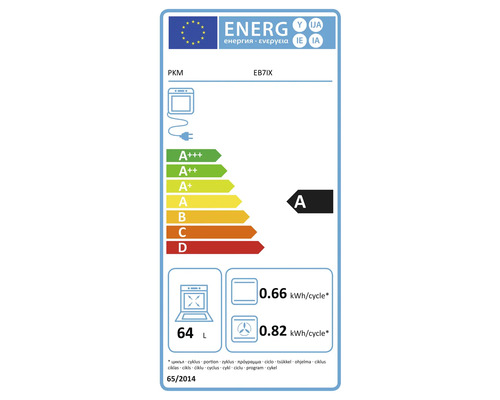 Energielabel für PKM EB7IX Backofen mit Energieeffizienzklasse A, 64 Liter Volumen und einem Verbrauch von 0.66 Kilowattstunden pro Zyklus im Umluftbetrieb und 0.82 Kilowattstunden pro Zyklus im konventionellen Betrieb.