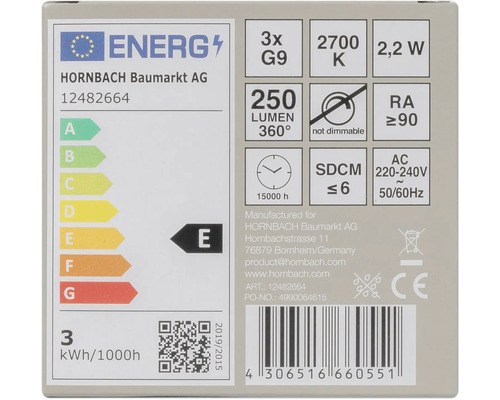 Energieetikett mit Informationen zu Energieeffizienz, Lichtstrom, Farbtemperatur, Leistungsaufnahme und Lebensdauer.
