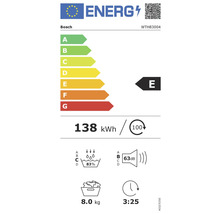 Bosch Energielabel mit Energieeffizienzklasse E, Stromverbrauch 138 kWh pro 100 Zyklen, Waschwirkung 83 Prozent, Geräuschpegel 63 dB, Kapazität 8 kg und Programmdauer 3:25 Stunden.