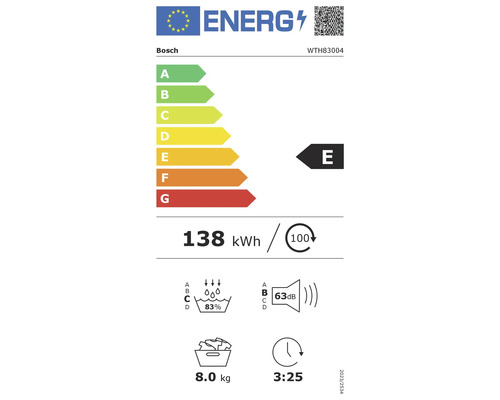 Bosch Energielabel mit Energieeffizienzklasse E, Stromverbrauch 138 kWh pro 100 Zyklen, Waschwirkung 83 Prozent, Geräuschpegel 63 dB, Kapazität 8 kg und Programmdauer 3:25 Stunden.